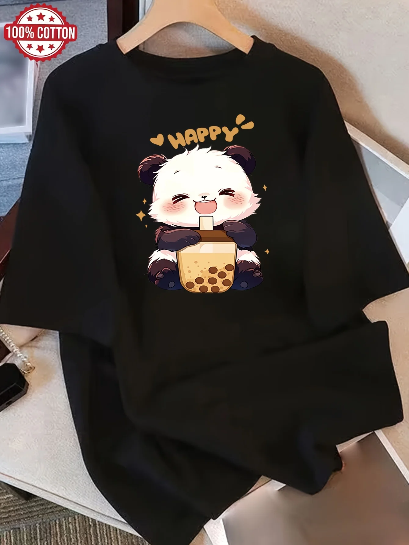 Ladies' Cute Panda Eating Pearl Milk Tea Pattern T-shirt Soft Daily Casual Round Neck Top Four Seasons Versatile Loose Style