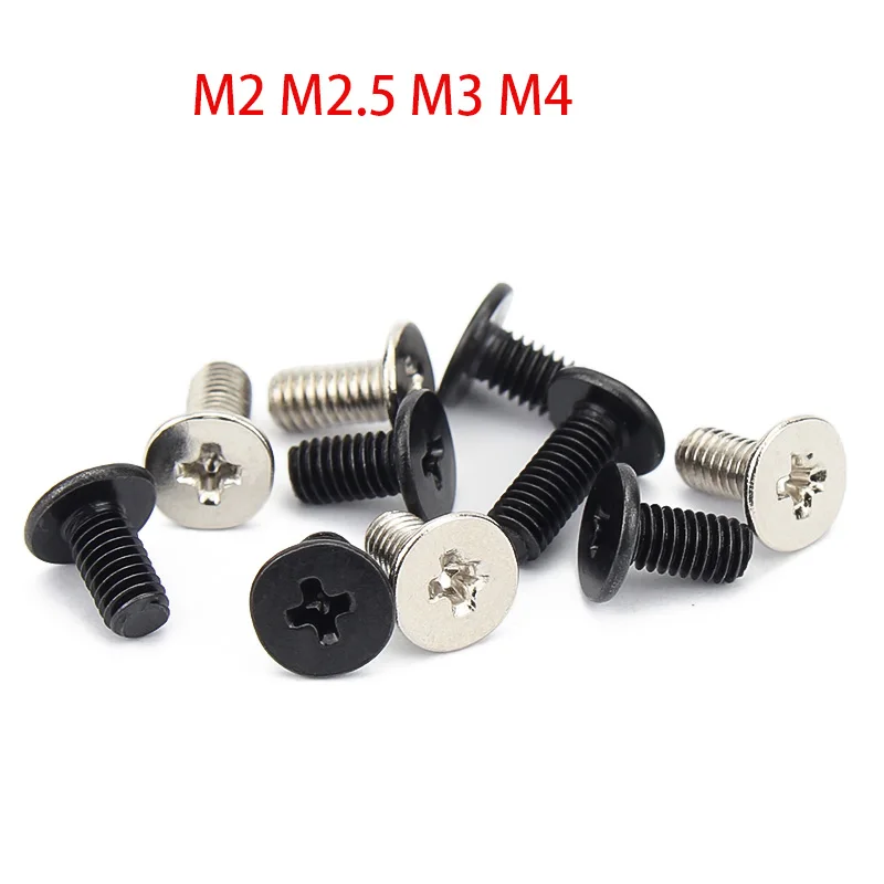 100/200/300/500pcs M2 M2.5 M3 M4 Black Mini Flat Head Phillips Screws Ultrathin Wafer Screw Bolt Notebook Digital Phone Glasses