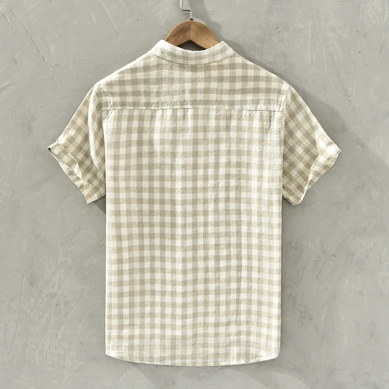 New Designer Pure Linen Short-sleeve Brand Plaid Shirts For Men Fashion Comfortable Plus Size Tops Clothing Camisa Masculina