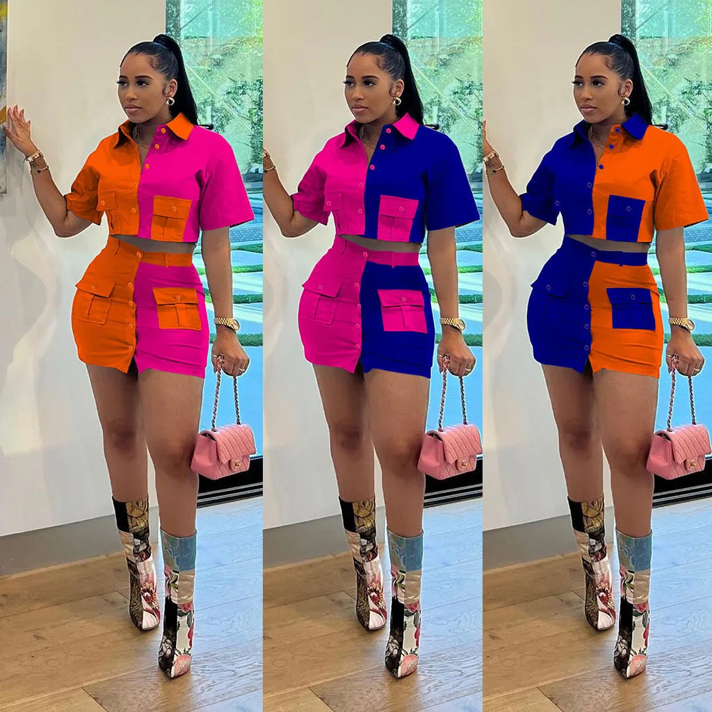 

Summer women color blocking button work double pockets short sleeve short skirt fashion casual set dress top T-shirt half skirt