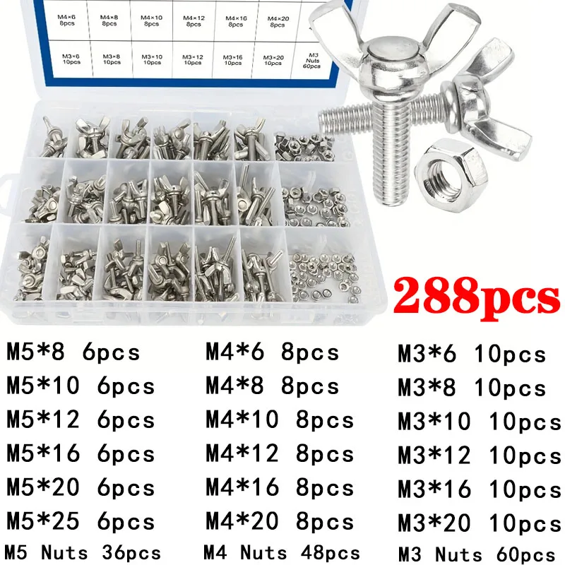 

288pcs Carbon Steel wing screw bolt and nut set stainless steel m3 m4 m5 butterfly screw set wing-head thumb screw kit DIN316