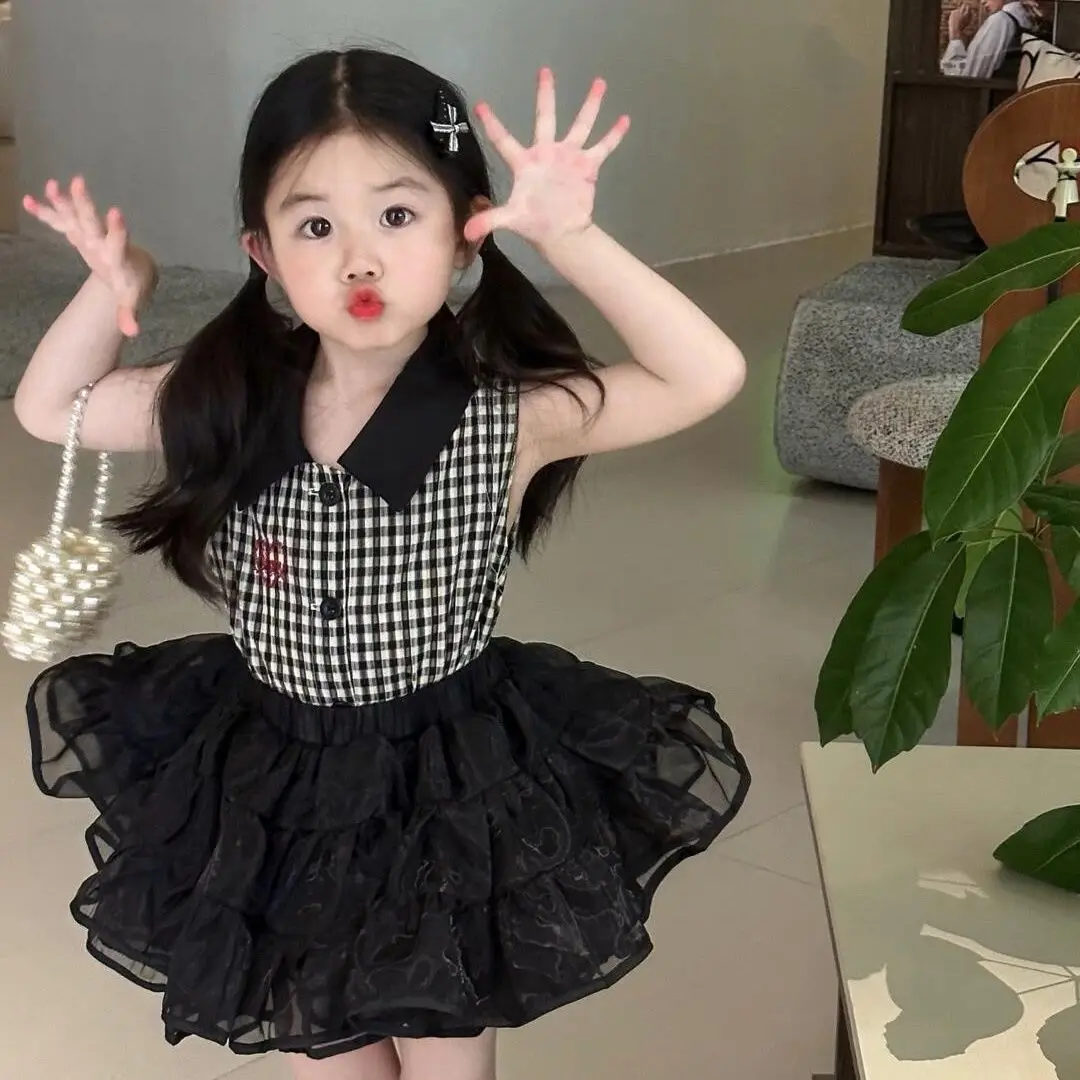 Girls' Summer Suit 2025 New Korean Children's Plaid Sleeveless Shirt Women's Treasure Foreign Style Tutu Skirt Two-piece Set
