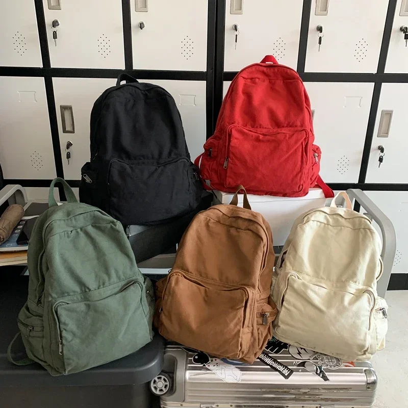 Vintage Washed Canvas Backpack For Women Large Capacity Student Leisure School Bags Solid Simple Travel Backpack Female Bookbag