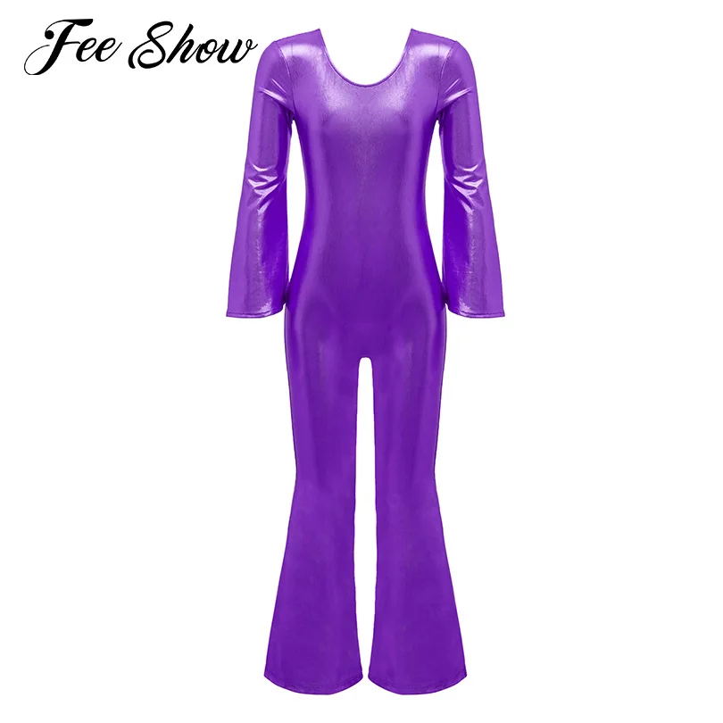 

Kids Girls Metallic Gymnastic Dance Jumpsuit Performance Solid Color Long Sleeve Back Zip Flared Bottoms Yoga Bodysuit Jumpsuits