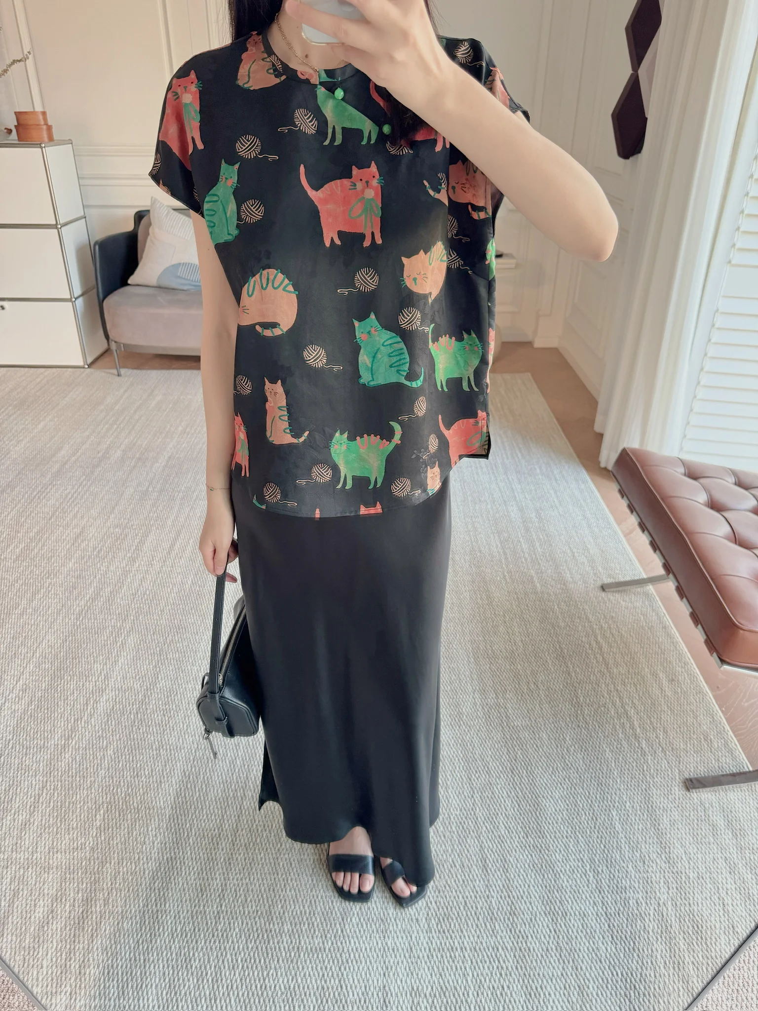 

Cute Ball New Chinese Sle Silk ort Sve irt Casual Loose Fit Summer Top for Women Age Reduction Sensation Side Bu...