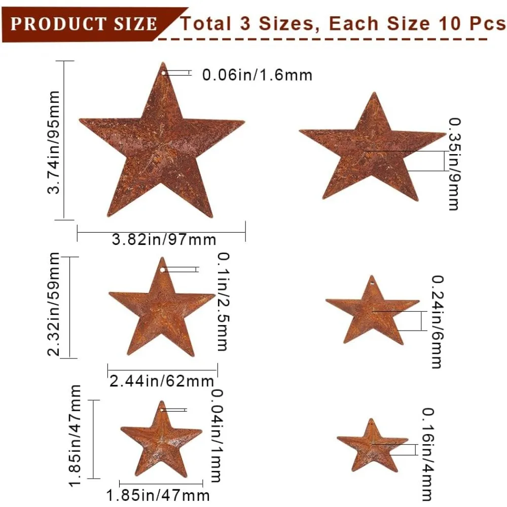 30 قطعة 3 أحجام الصدأ المعادن الحظيرة ستار 2 "2.5" 3.75 "عتيقة البدائية العتيقة البلد ديكور القصدير الصلب نجوم مع ثقوب ريفي #2