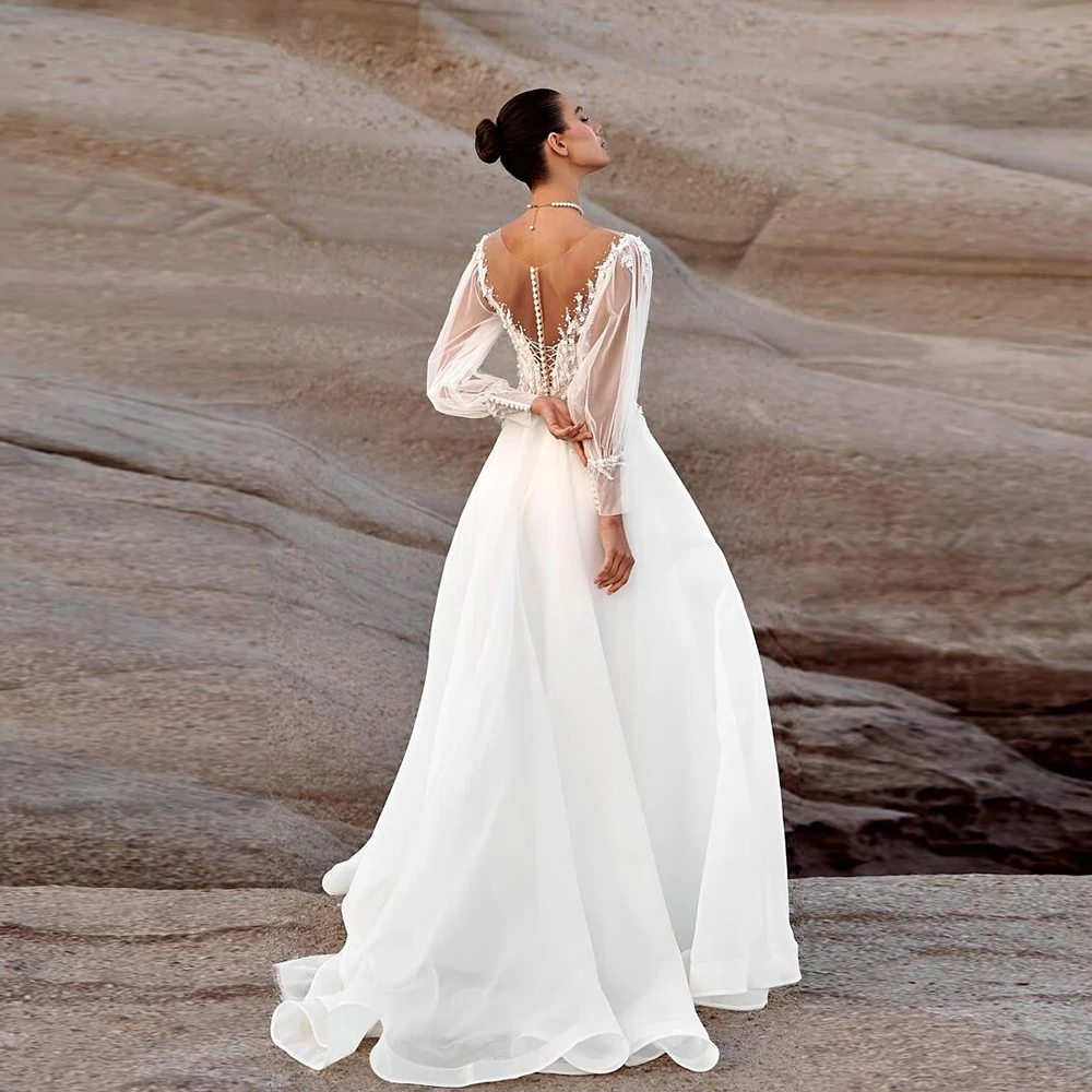 매력적인 브이넥 레이스 웨딩드레스 2025 A라인 여성용 긴팔 오간자 웨딩드레스 2025 여름