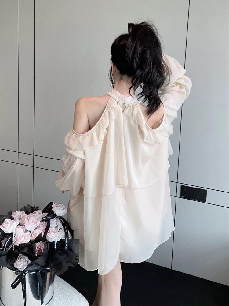 Off Shoulder Blouses Women Long Sleeve Ruffles Halter Chiffon Sexy French Style Loose Tops Temperament Birthday Party Ins Tender