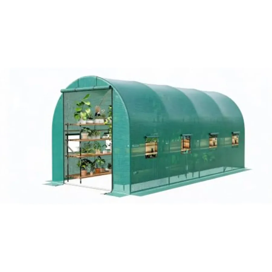 Walk-in Tunnel Greenhouse for gardening, galvanized steel frame with green PE cover, 15x7x7 ft size, zipper door for easy acces