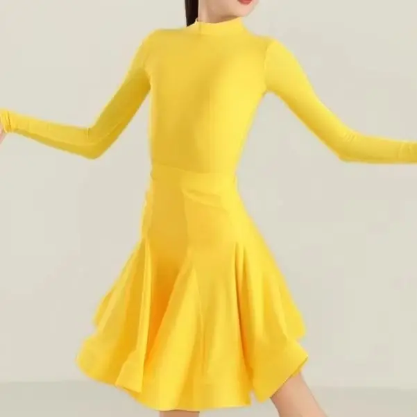 

2025 Girls Latin Dance Competition Clothing Glossy Fabric Long Sleeves Dance Dress Kids Cha Rumba Dance Practice Training Wear