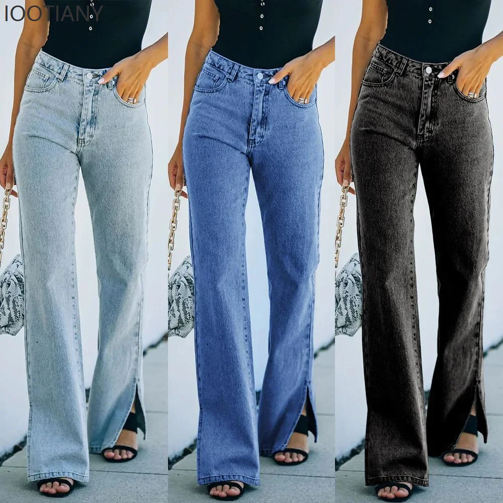 Straight Pants Jeans Women Floor Length Trousers Split Mid Waist Distressed Washed Pockets Vintage Streetwear Autumn Denims