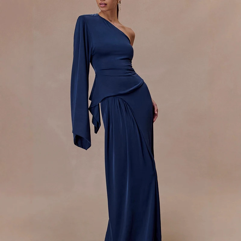 Conjuntos elegantes de satén liso para mujer, conjunto de fiesta sencillo y delgado a la moda, Tops sexis de manga con un solo hombro y media falda