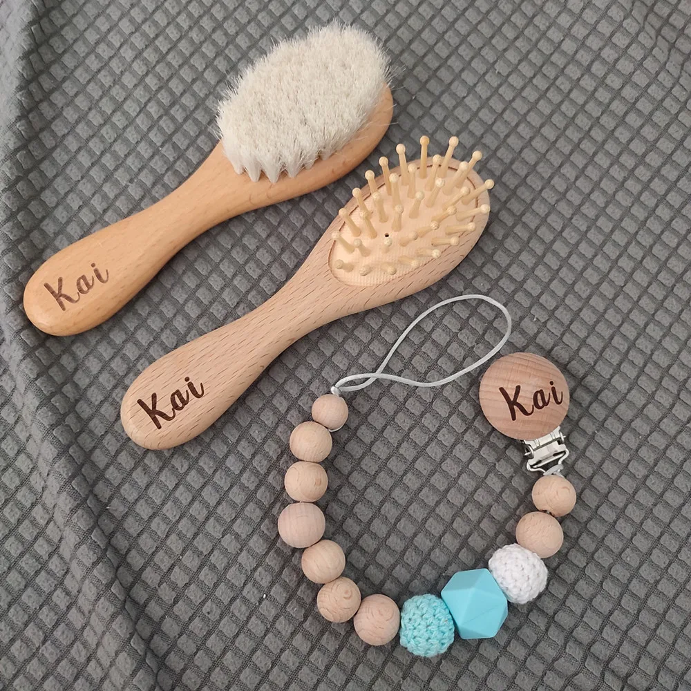 Personalized Baby Hair Brush Baby Shower Gift Care Kids Massage Personalized Dummy Clip Pacifier Chain