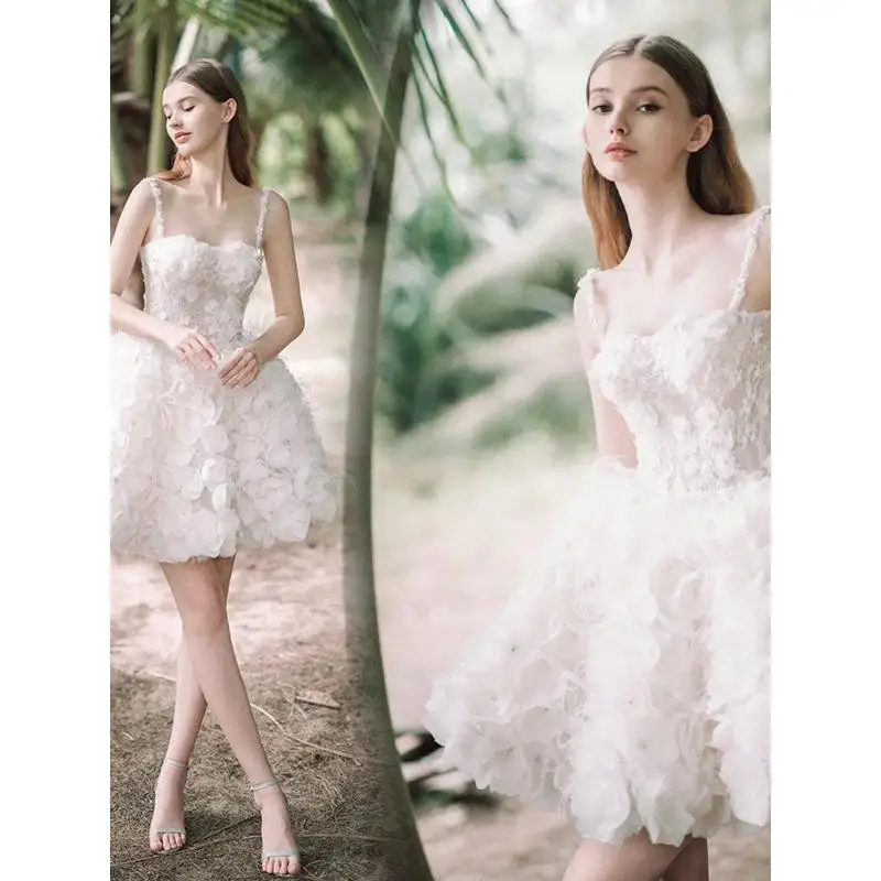 

Sexy Little Suspender Strapless Bride Feather Flower Short Birthday Party Performance Small Romantic Dress Customized