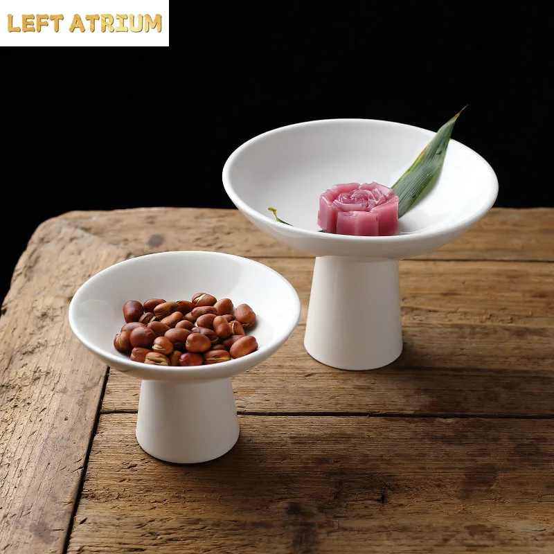 White Ceramic Plate Tall Feet Refreshment Tray Round Dried Fruit Snacks Plate Fruit Tray Tableware Dish Dessert Plates Cake Pan