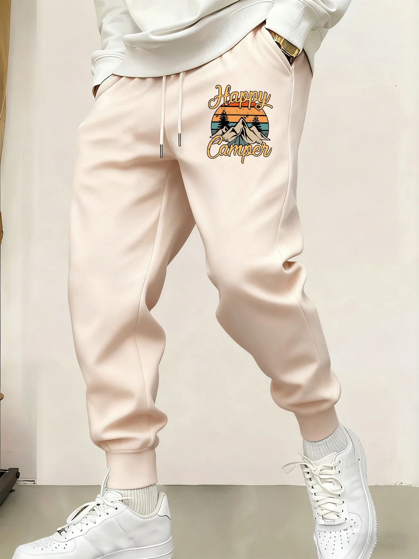 

Брюки на шнурке с принтом Happy Camper Mountain, мужские флисовые брюки с карманами, модные спортивные штаны с эластичной резинкой на талии, уличные осенние бритвы
