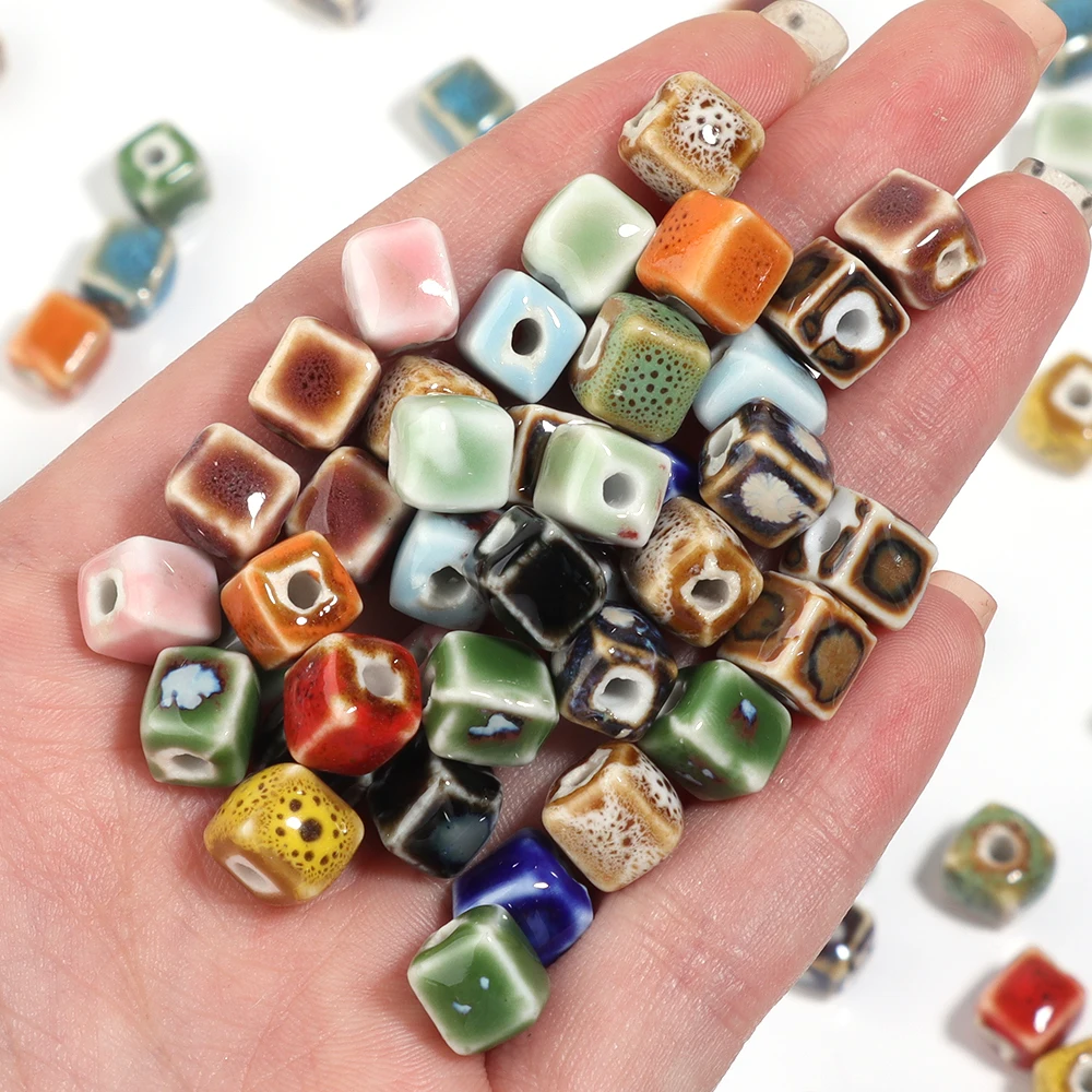 10pcs/lot 8mm Colorful Floral Glazed Ceramic Square Beads For Jewelry Making Loose Spaced Beads DIY Fashion Bracelet Earrings