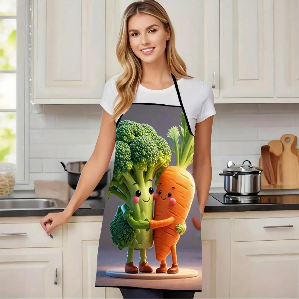 Cute Vegetable Print Apron, Broccoli and Carrot Hug Design, Funny Kitchen Cooking Bib, Novelty Gift for Cooks, Black Cotton