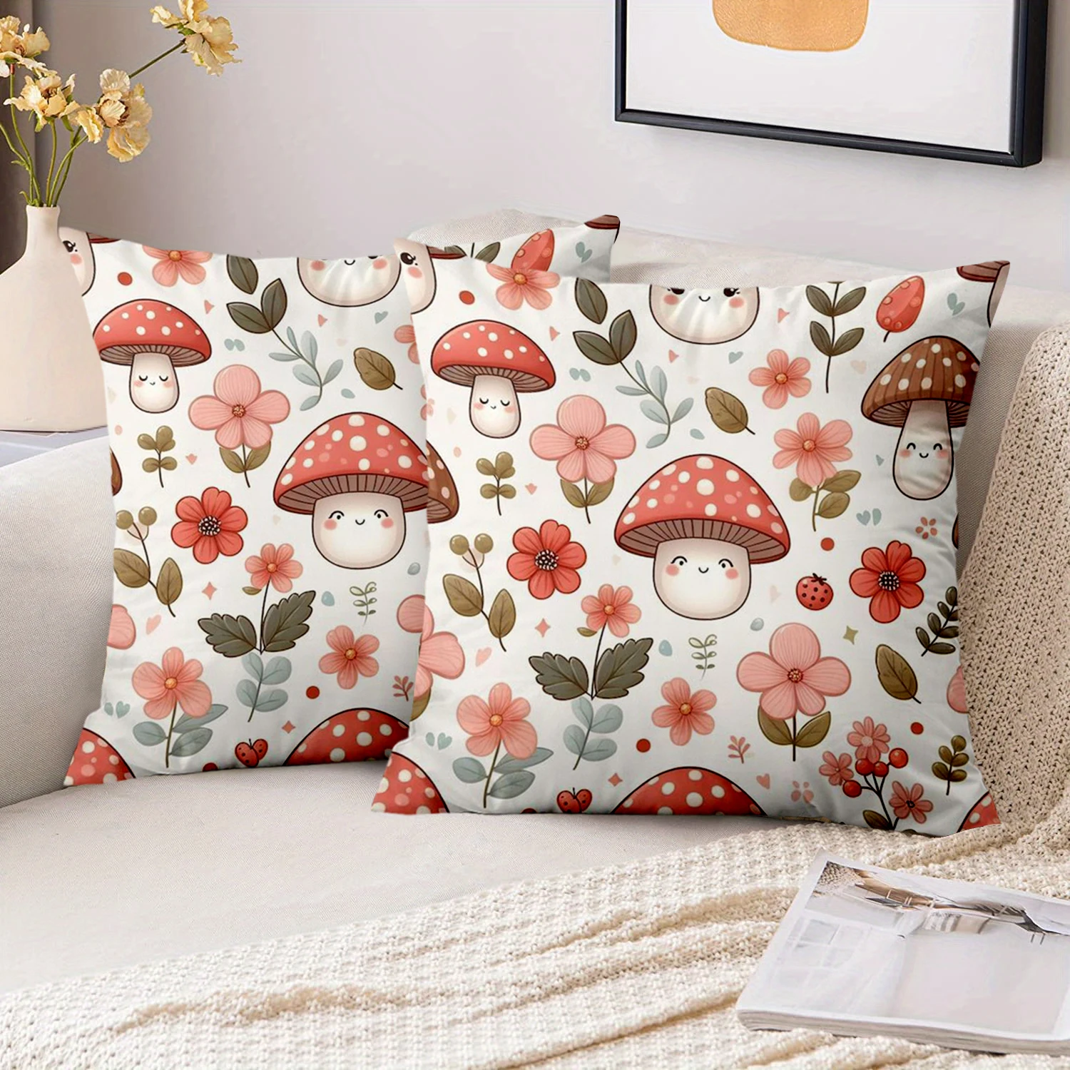 

1 Pieces Cute Mushroom Flower Print Decorative Throw Pillow Polyester pillowcase, sofa decorative cushion cov Headboard Pillow