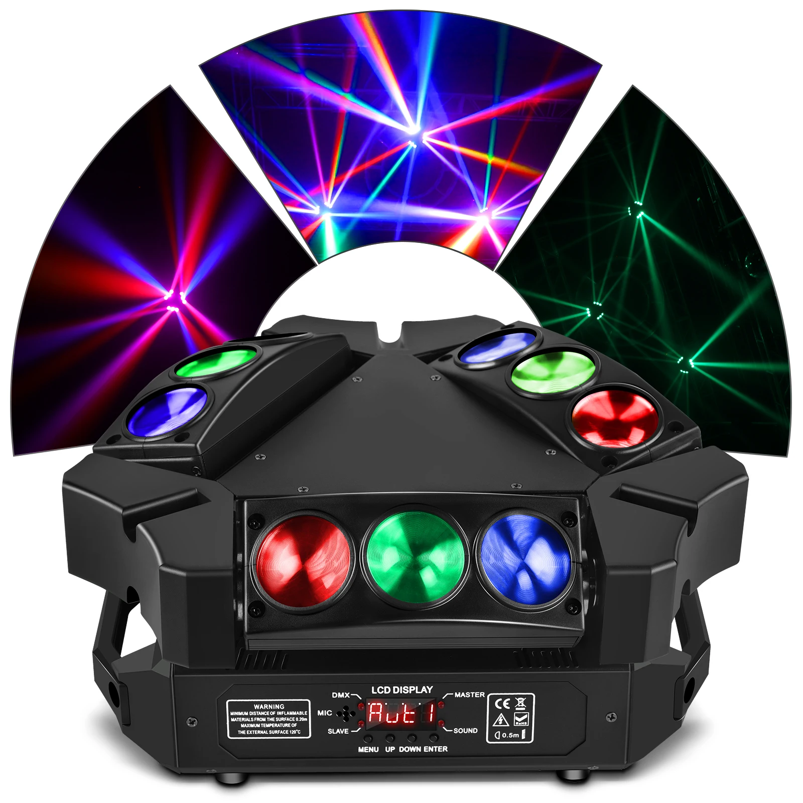 Fieryzeal 60W Mini 9 Heads Moving Head Light Stage Effect Light RGB LEDs DMX512 Sound Active Dj Lights Disco Lights