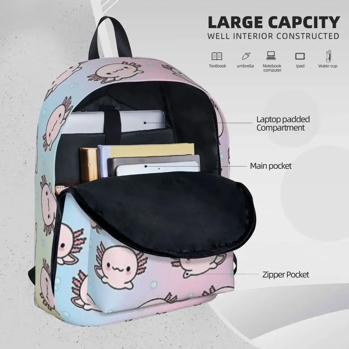 Mochila Axolotl bonito para crianças, mochila escolar, mochila portátil, mochila de viagem, mochila de grande capacidade, moda