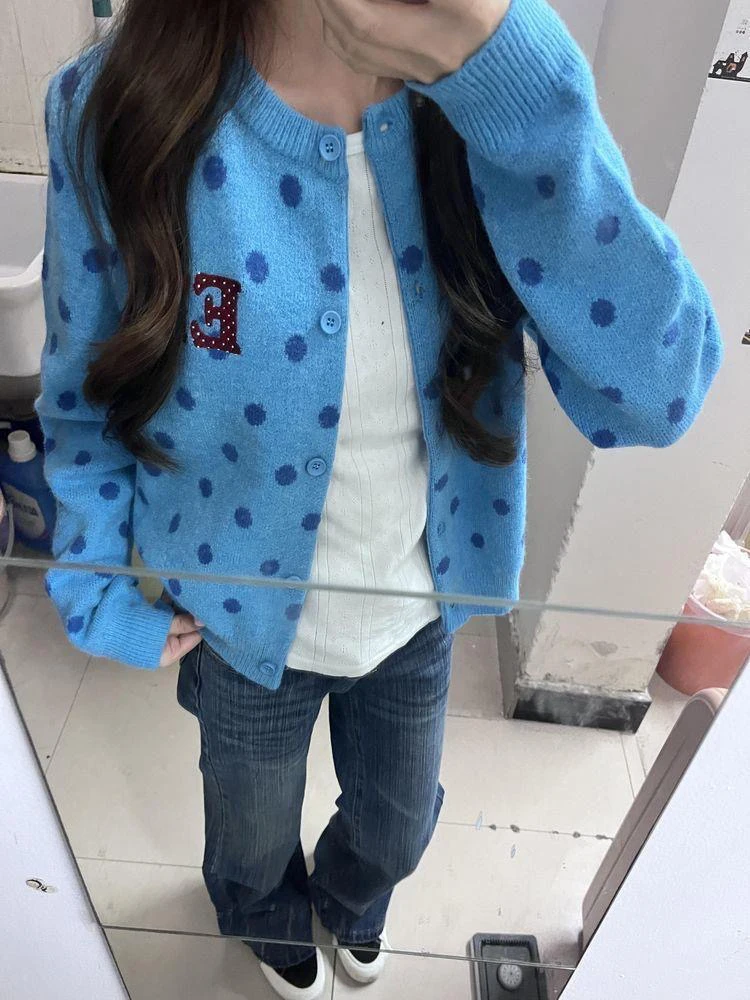 Cárdigan de lunares azules para mujer, suéter coreano bonito y dulce, Tops de punto, abrigo, prendas de punto de nueva moda de otoño 2025