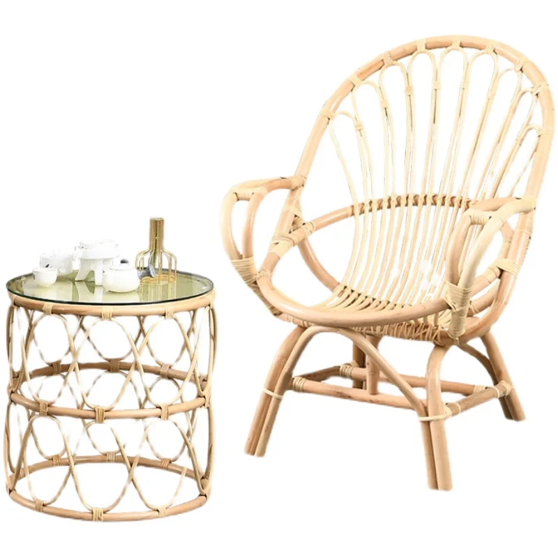 Nordic rattan chair, balcony leisure chair, lazy sofa chair, coffee table three-piece combination household rattan back chair