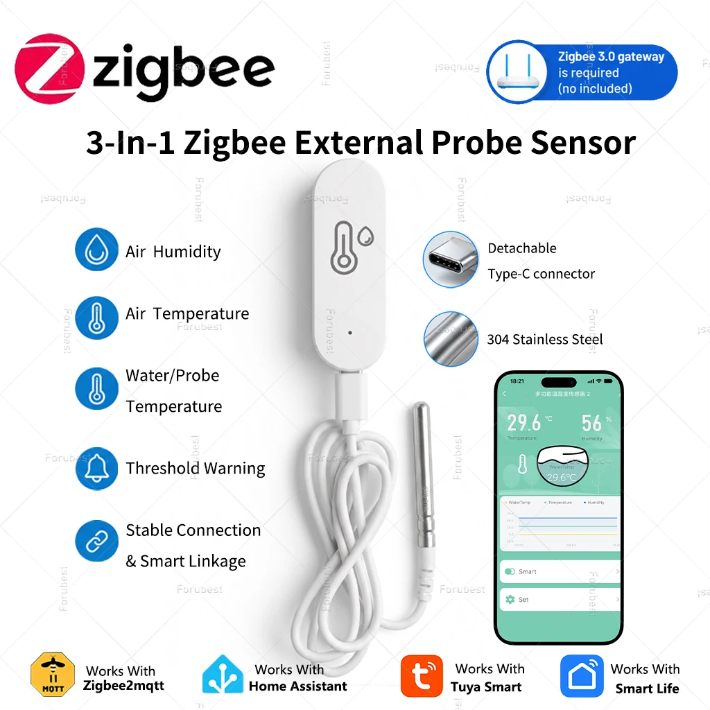 Zigbee Smart Thermometer Hygrometer mit NTC-Sonde für Pool, Kühlschrank, Gefrierschrank, Flüssigkeitstemperatursensor für Zigbee2MQTT TUYA