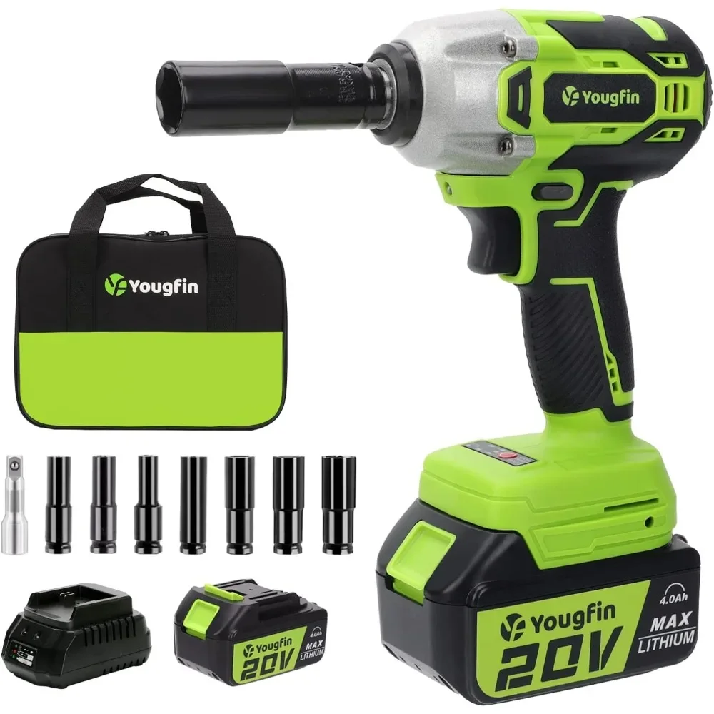 Yougfin Cordless Impact Wrench, 20V Power Brushless Impact Driver,2 Variable Speed Mode, High Torque 320N.M, 4.0Ah Li-ion