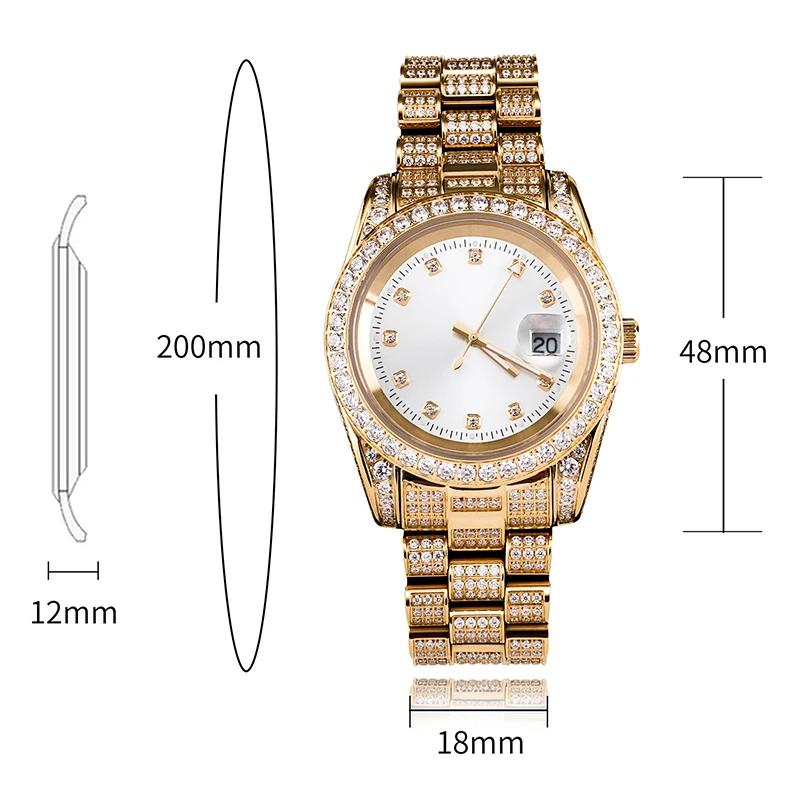 Hip Hop Bling Iced Out Stainless Steel Luminous Watch Date Quartz Wrist Waterproof Watches  for Men Rapper Jewelry Gift view 6