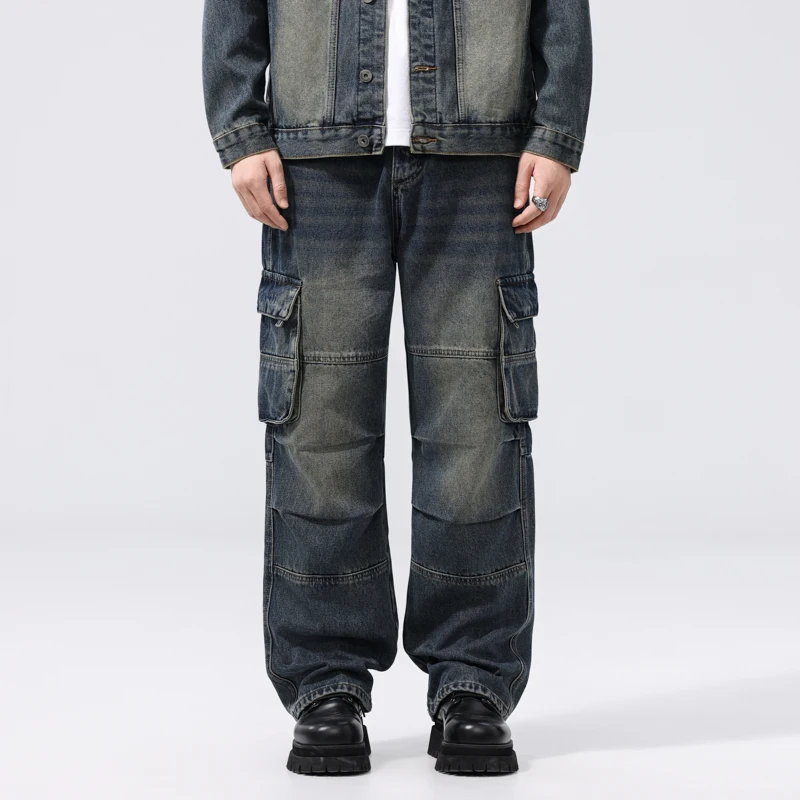 

New spring and autumn Retro work jeans for men Loose straight multi-pocket men's jeans Fashionable street jeans trousers