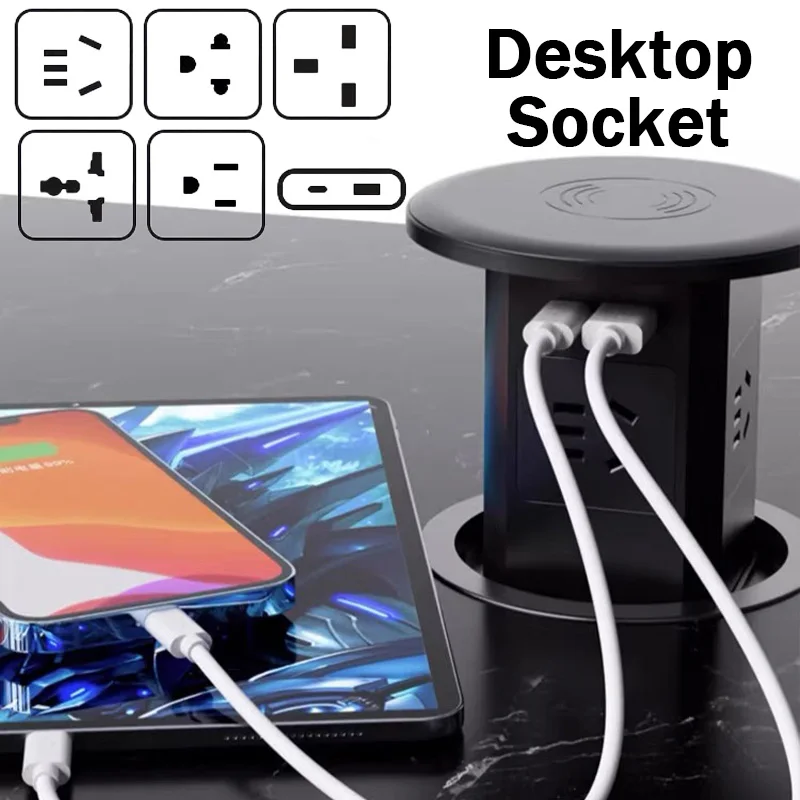 

Automatic Pop Up Desktop Power Socket - US UK AU Universal Plug Adapter - USB Type-C - Wireless Charge - Built-In Table