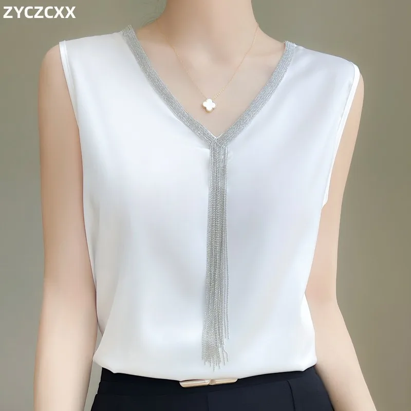 ZYCZCXX Imitation Silk Women's Summer Vest 2023 New Sleeveless Temperament Top Office Women's Fashion Tassel Formal Vest Top....