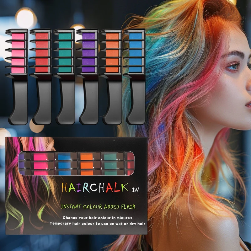 6-Color Temporary Hair Dye Comb Set – Washable No Bleach Hair Chalk, Vibrant DIY Color Kit for Festival Party Cosplay, Quick & E