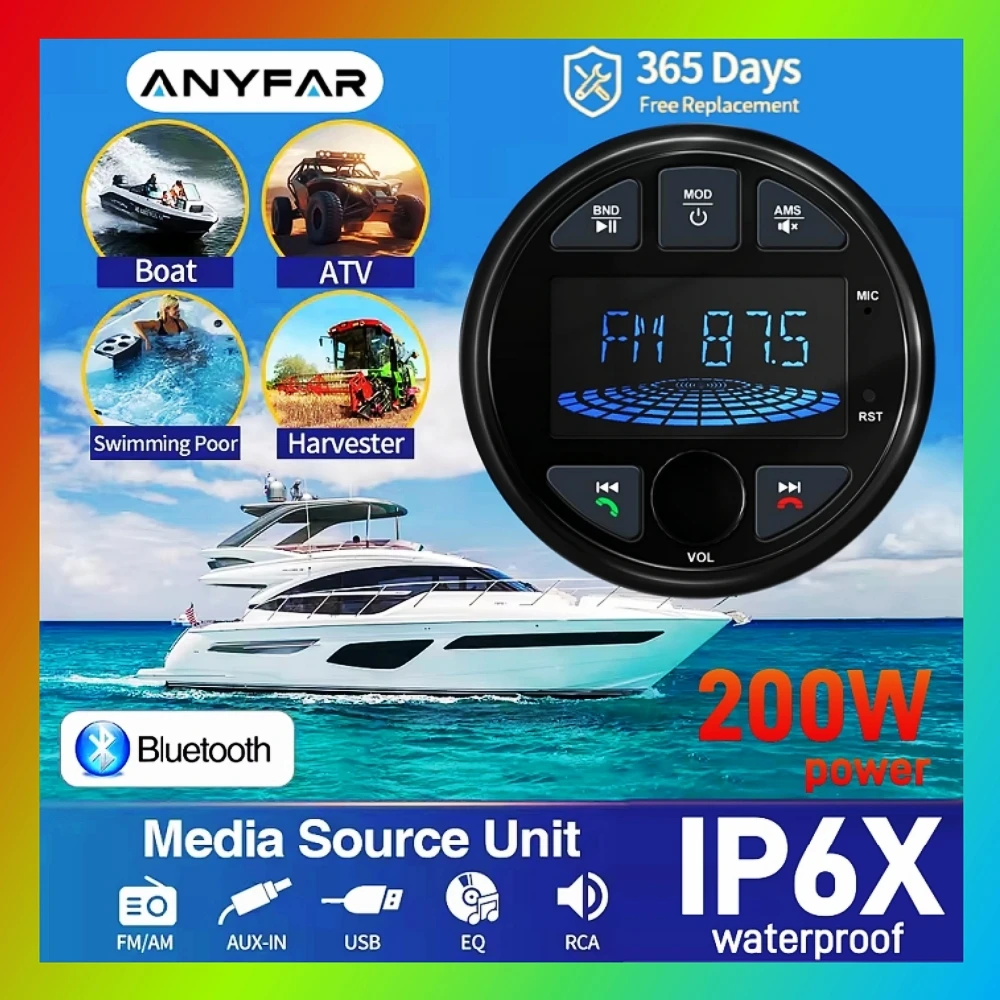 Boat Radio MP3 Media Player Stereo Marine Radio Cover Bluetooth AUX USB Waterproof Widely for ATV UTV SPA RZR FM AM Radio