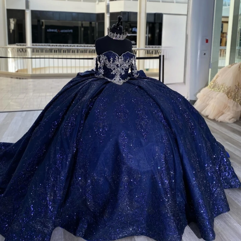 

Navy Blue Shiny Quinceanera Dresses Ball Gown Off The Shoulder Applique Lace Beading Crystal Bow Tull Corset Sweet 16 Dress