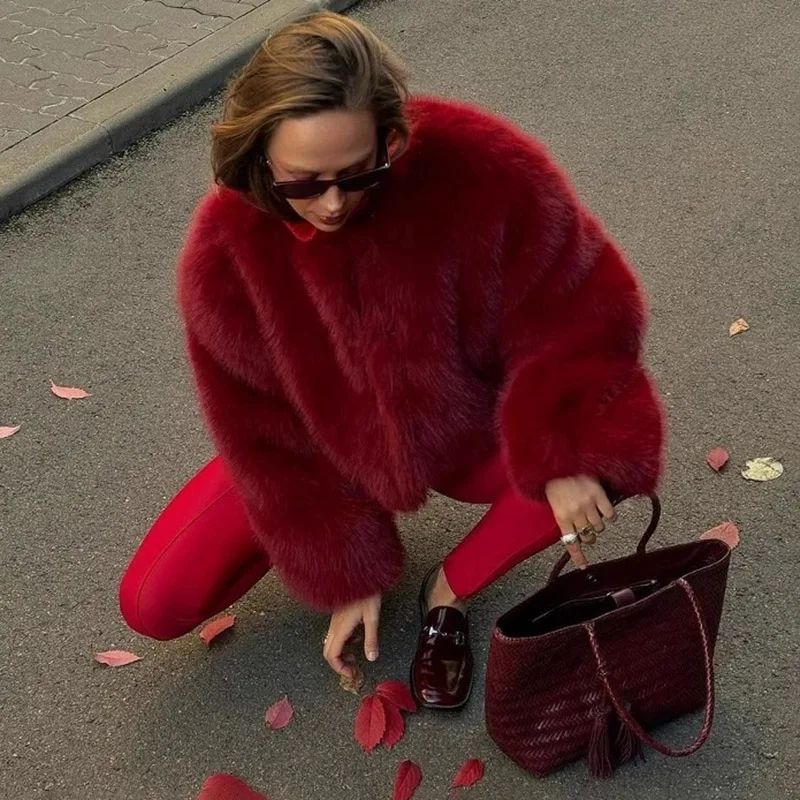 TARUXY Solid Color Hooded Lmitation Fur Coat Women's Fashion Loose Long Sleeves Plush Thick Jacket Winter New High Street Female