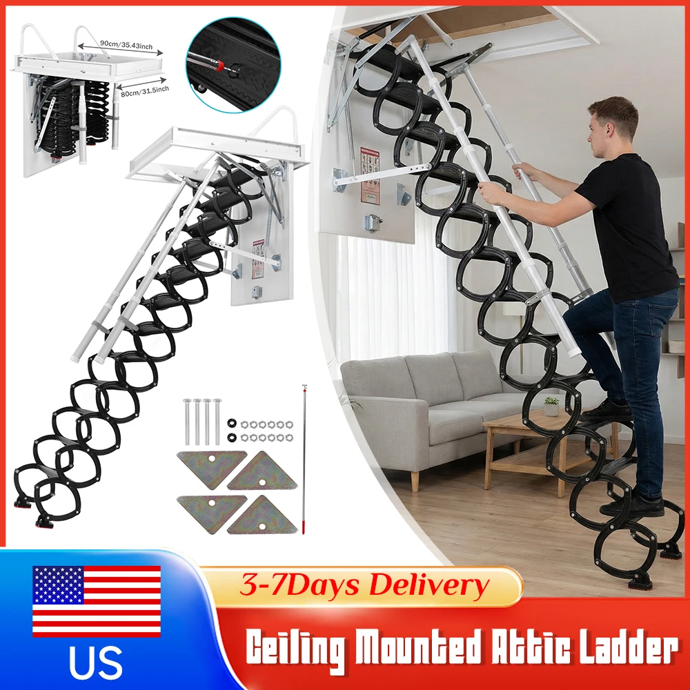 

12Steps Ceiling Mounted Steel Attic Ladder with Handrails Height Adjustable Concealed Staircase for Garages Roofs Basements Loft