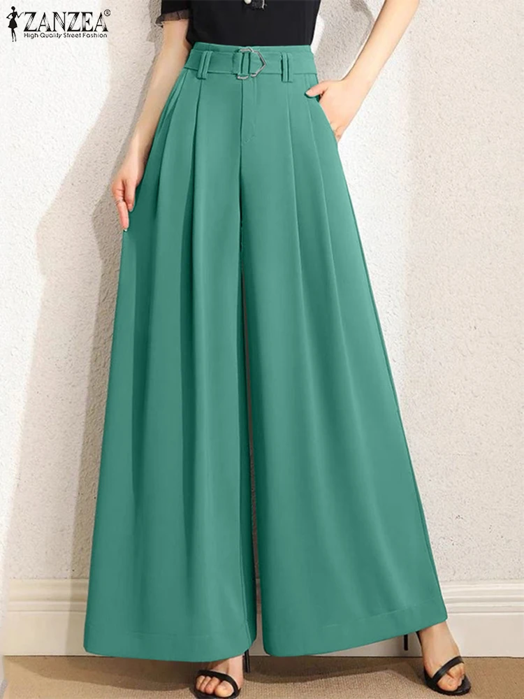 

ZANZEA Fashion Office Pants Vintage High Waist Wide Leg Pants 2025 Casual Loose Waist Elastic Trousers Elegant Pockets Bottoms