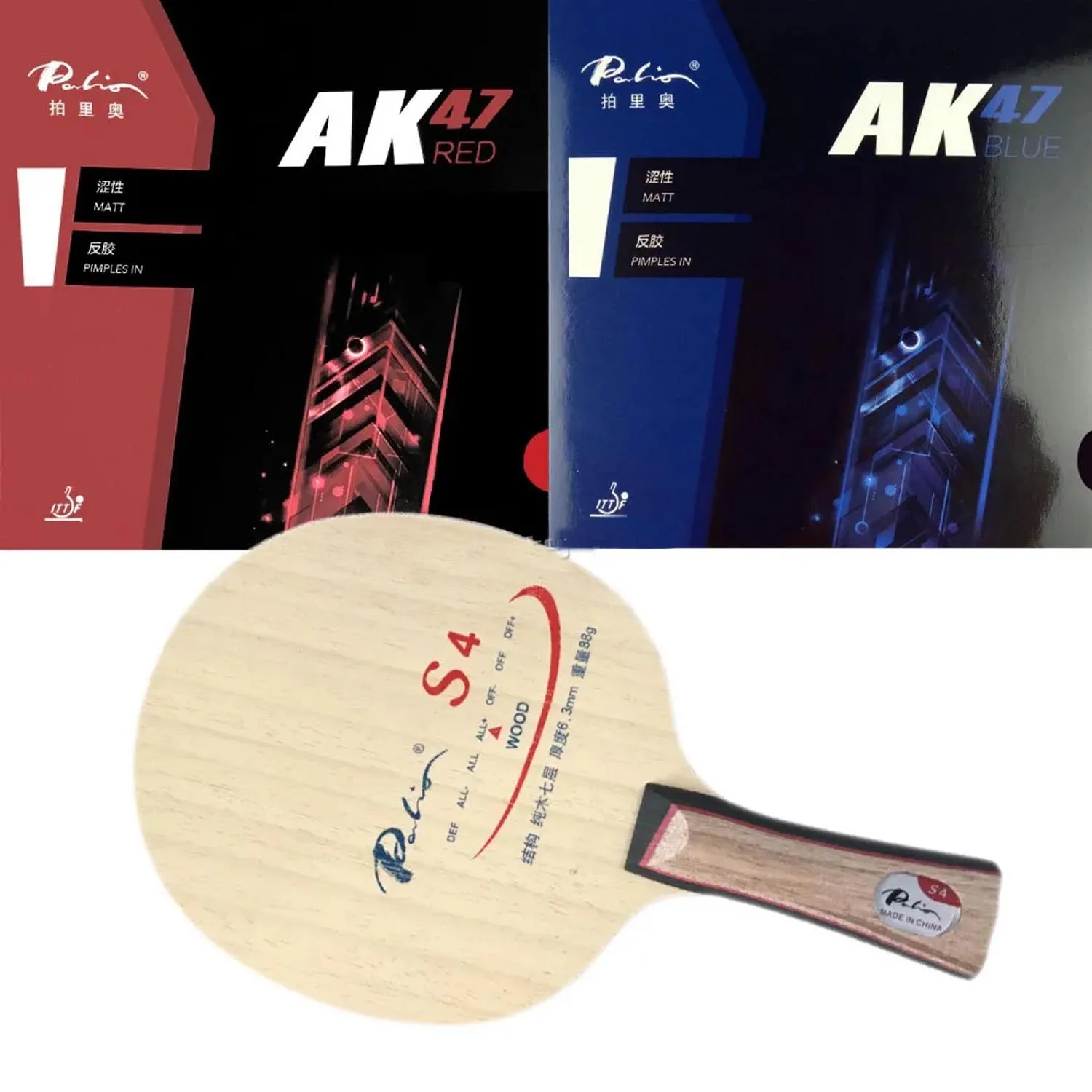 Pro Combo Racket Palio S4 with palio AK47 RED and AK47 BLUE Matt Pips in Rubber With Sponge