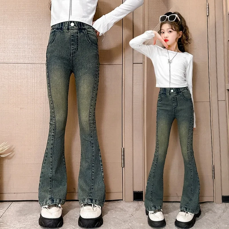 Jean Vintage en Denim pour Fille, Pantalon Évasé, Serré, Slim, Adolescent, Nouvelle Collection Printemps-Automne