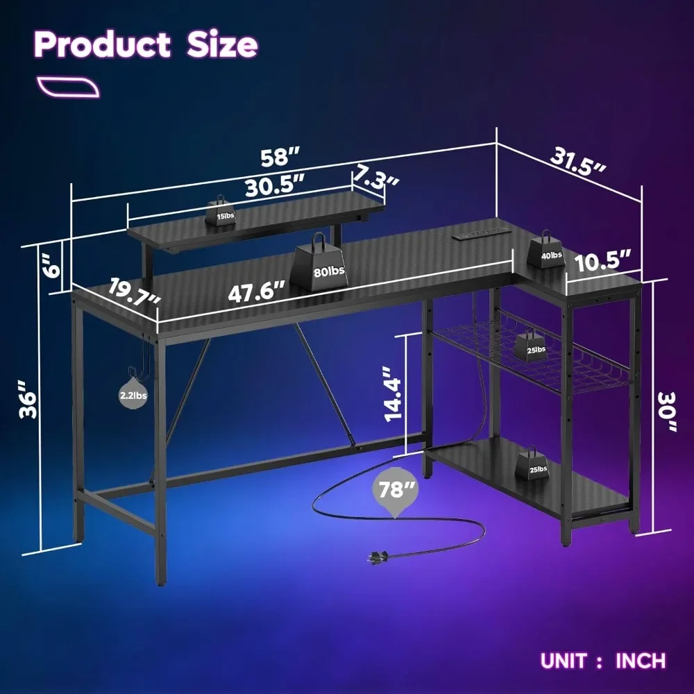 58 L Shaped Gaming Desk with LED Lights & Power Outlets,Reversible Home Office Corner Desk with Shelves,Larger PC Workstation