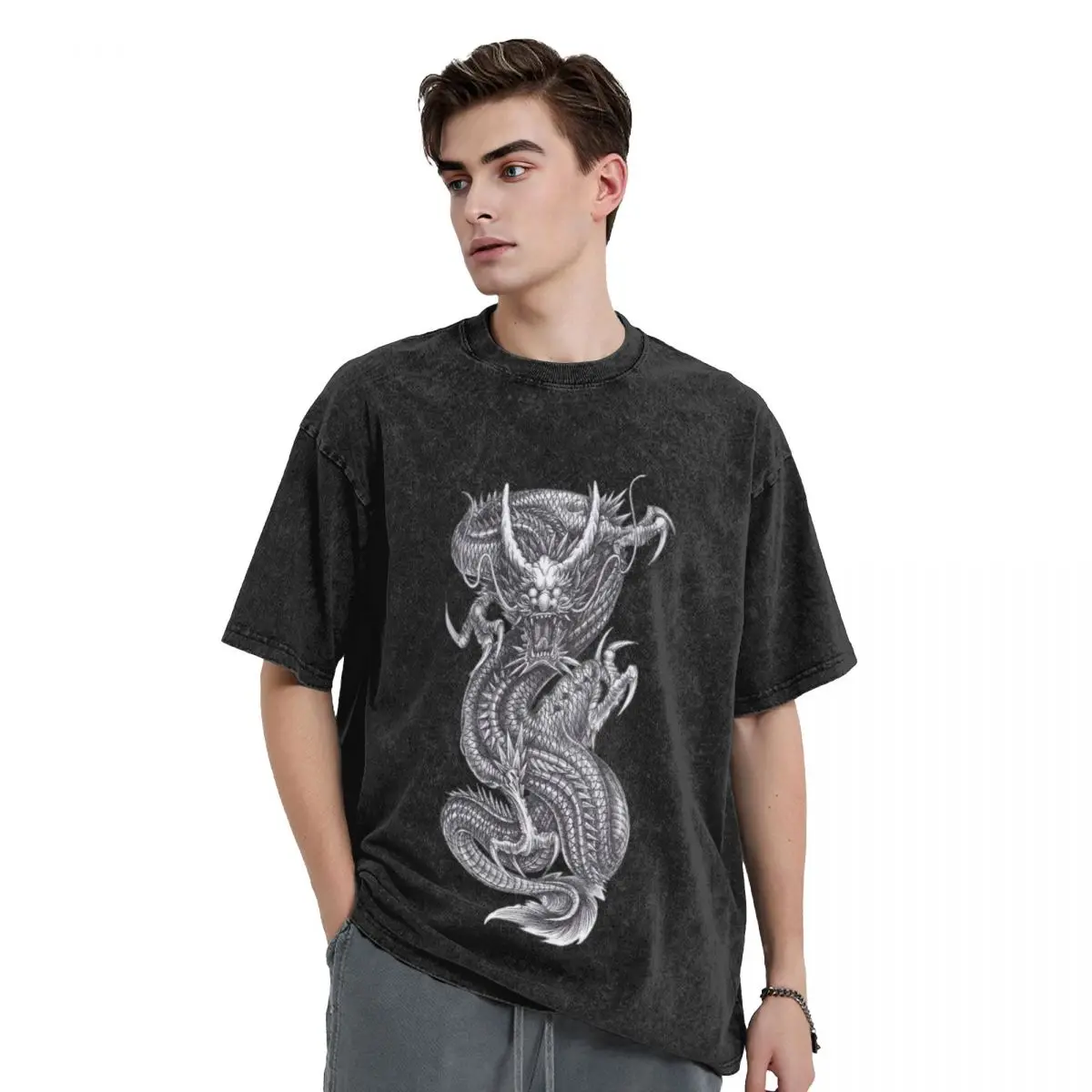 Chinese Loong Dragon woman Men Washed Hot stamping Print T-Shirt,Harajuku Cotton Tshirt Men's Summer Short Sleeve Tees