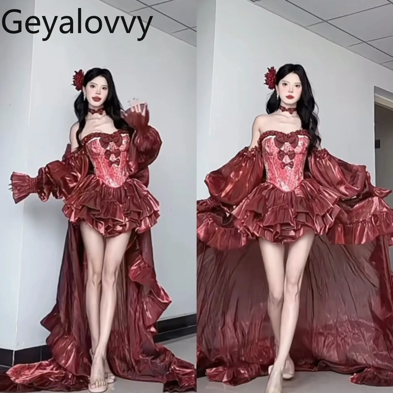 

French Hepburn Style Tube Top and Skirt Sets Sweet and Cute Princess Dresses Fo Women Red Birthday Lolita High-end Dress