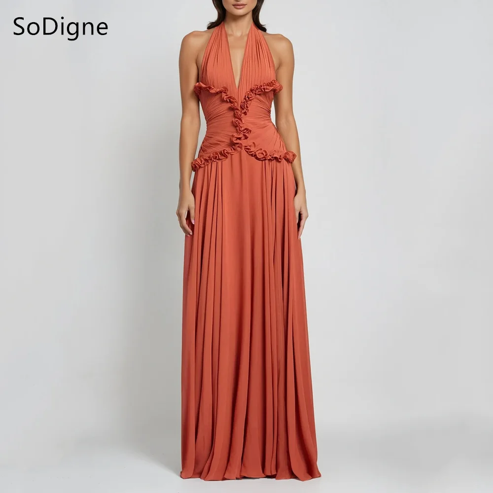 

SoDigne Simple Chiffon Prom Dresses Sleeveless V-Neck Ruffles Straight Party Dress Charming Pleats Formal Prom Gowns Customized