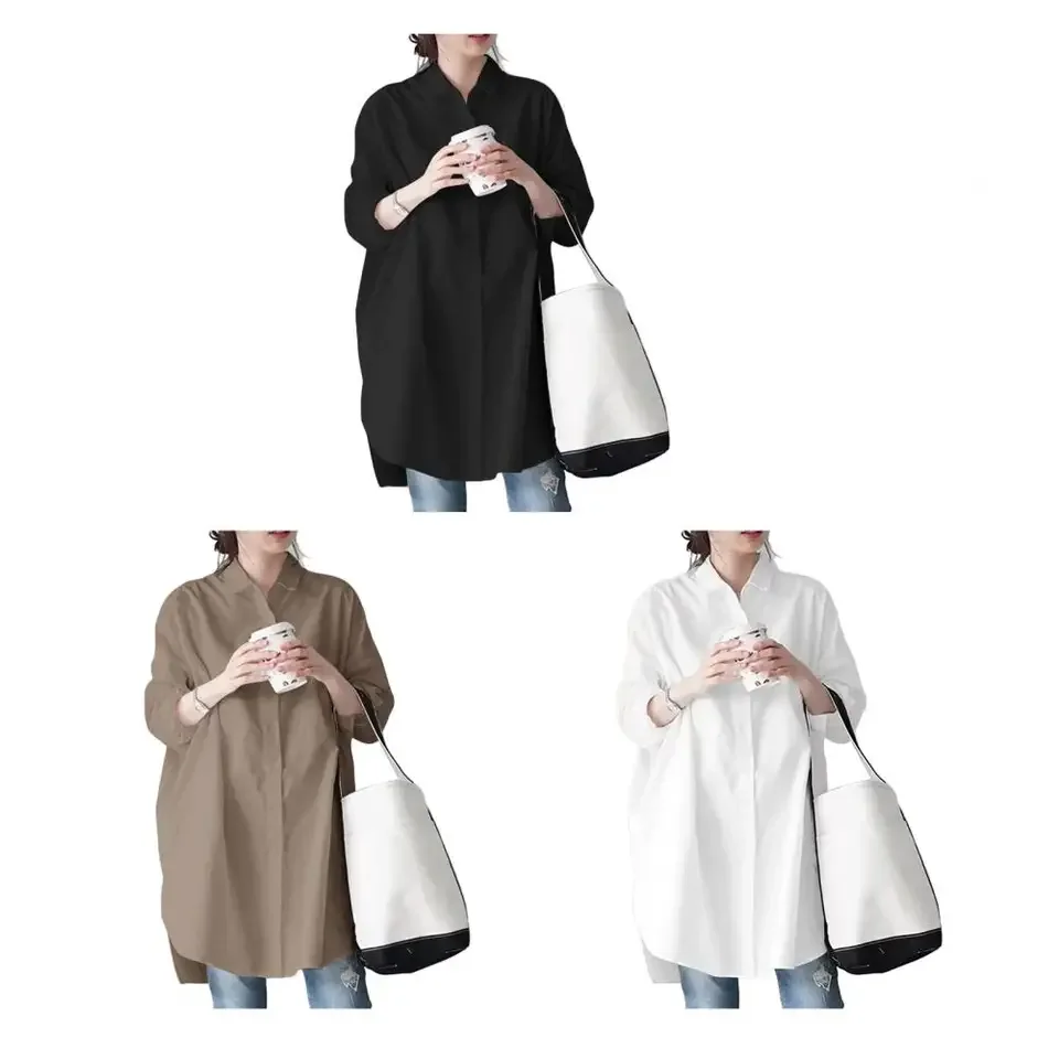 

Spring Summer Women Shirt Pure Color V-neck Buttons Lady Tops Long Sleeve Loose Fit Female Casual Blouse For Daily Mid-length