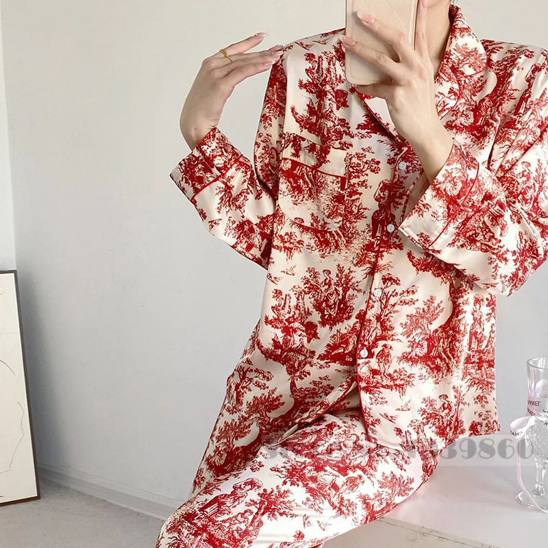 Female Pajamas Set Loungewear Red Print Flower Long Sleeve Trouser Suits Sleepwear Loose Satin 2PCS Shirt&pant Home Clothes