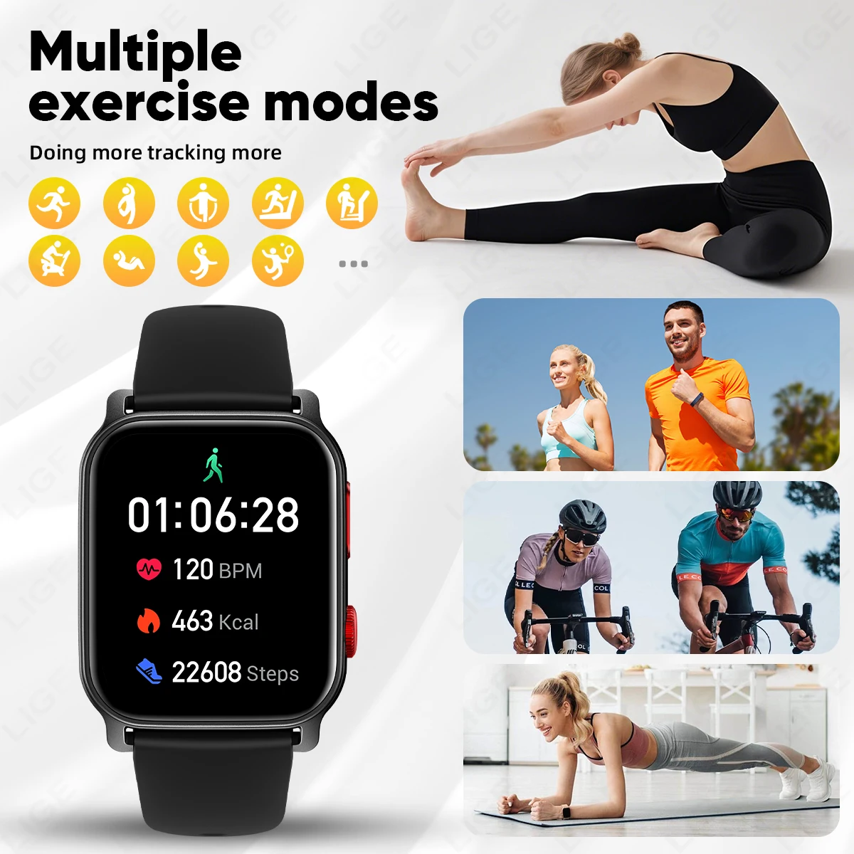 LIGE بلوتوث ساعة ذكية 1.83 بوصة عرض ساعة النوم رصد معدل ضربات القلب ساعة ذكية 100 + وضع رياضي مقاوم للماء الساعات الذكية