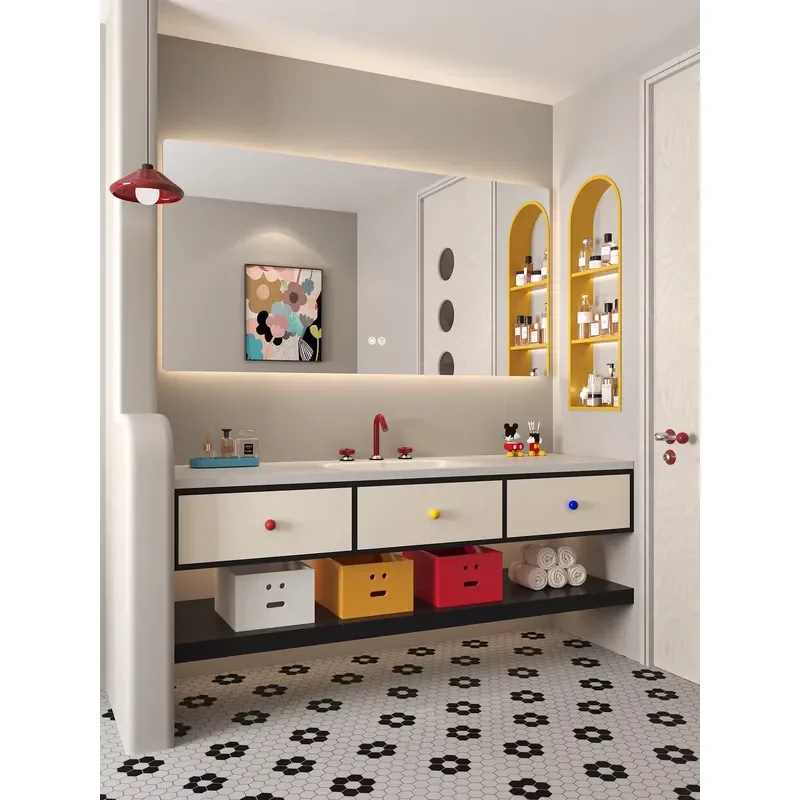 Colorful Water Resistant Eco-Friendly Classic Apartment Bathroom Cabinet Wooden Shelf Multi-Drawers Wall-Mounted Smart Mirror