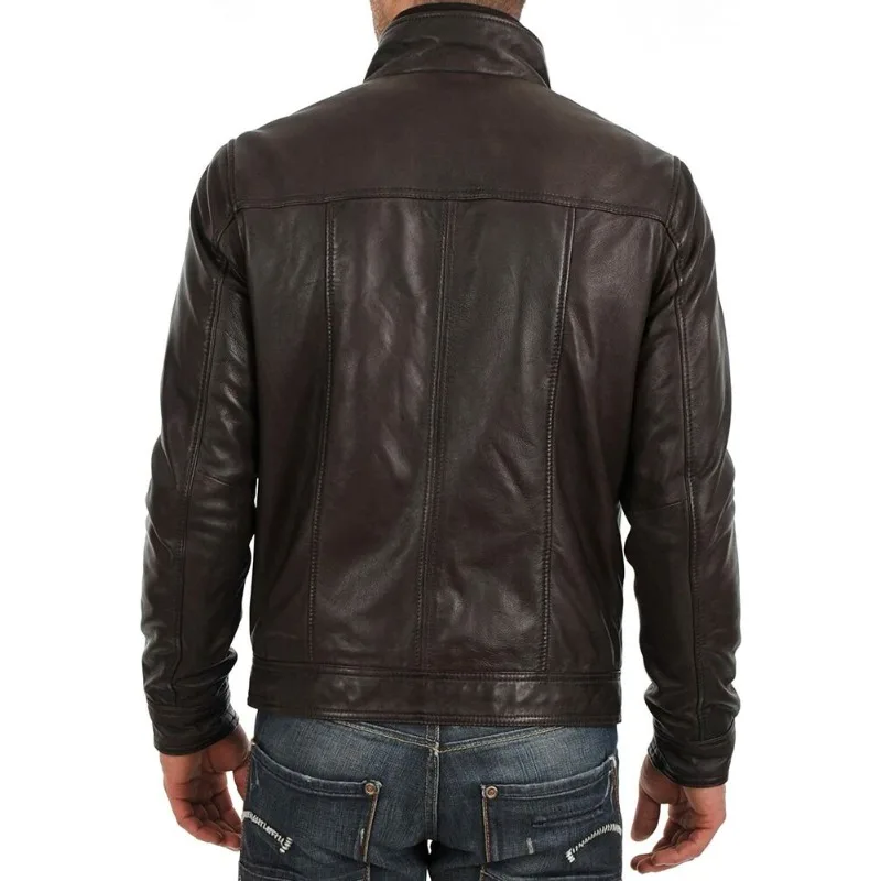 Men's Lambskin Pure Leather Jacket Biker Soft Brown Zipper Designer Fashion Coat